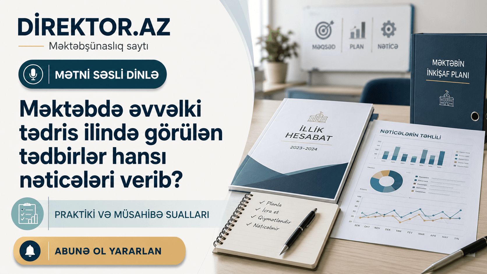 Məktəbdə əvvəlki tədris ilində görülən tədbirlər hansı nəticələri verib? Praktiki və müsahibə sualları.Testlər. 