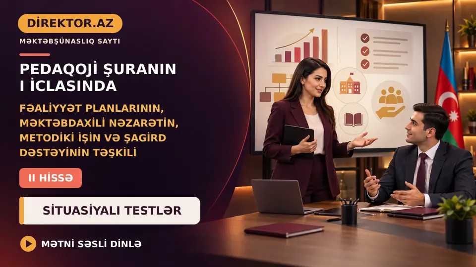  Pedaqoji Şuranın birinci iclasında fəaliyyət planlarının, məktəbdaxili nəzarətin, metodiki işin və şagird dəstəyinin təşkili - II hissə Situasiyalı testlər