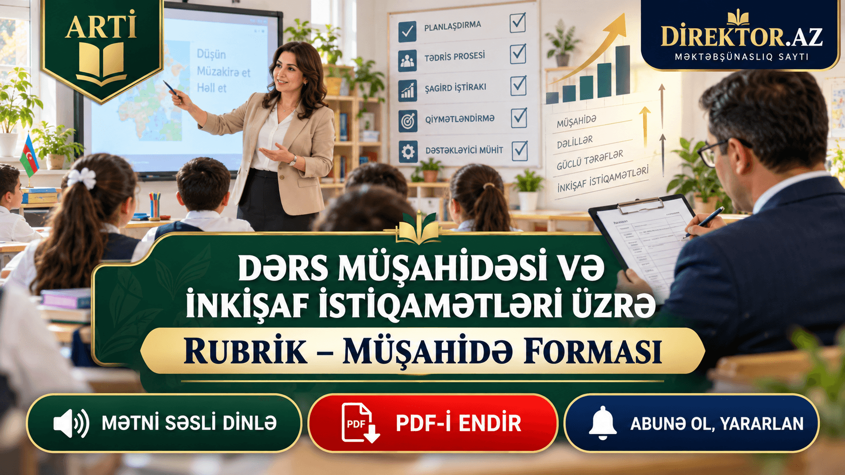 ARTİ məktəblər üçün yeni dərsdinləmə -Dərs müşahidəsi və inkişaf istiqamətləri üzrə RUBRİK – MÜŞAHİDƏ FORMASI hazırlyıb. PDF