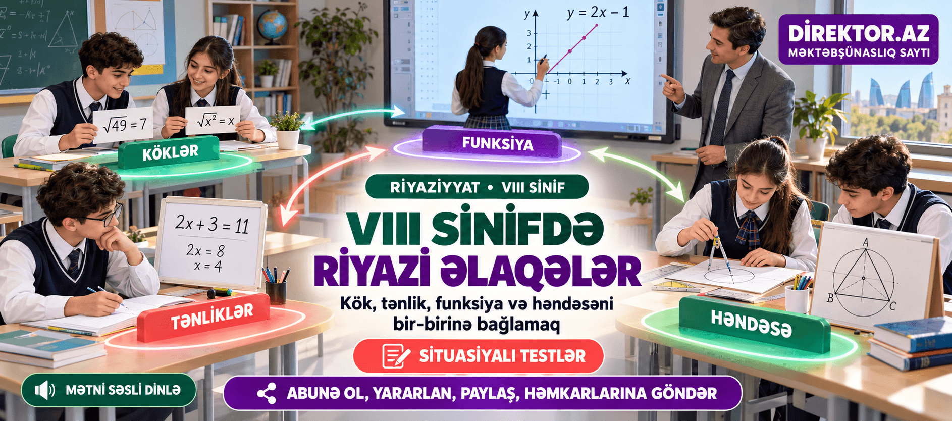 VIII sinifdə riyazi əlaqələr: kök, tənlik, funksiya və həndəsəni bir-birinə bağlamaq. Məktəb situasiyaları