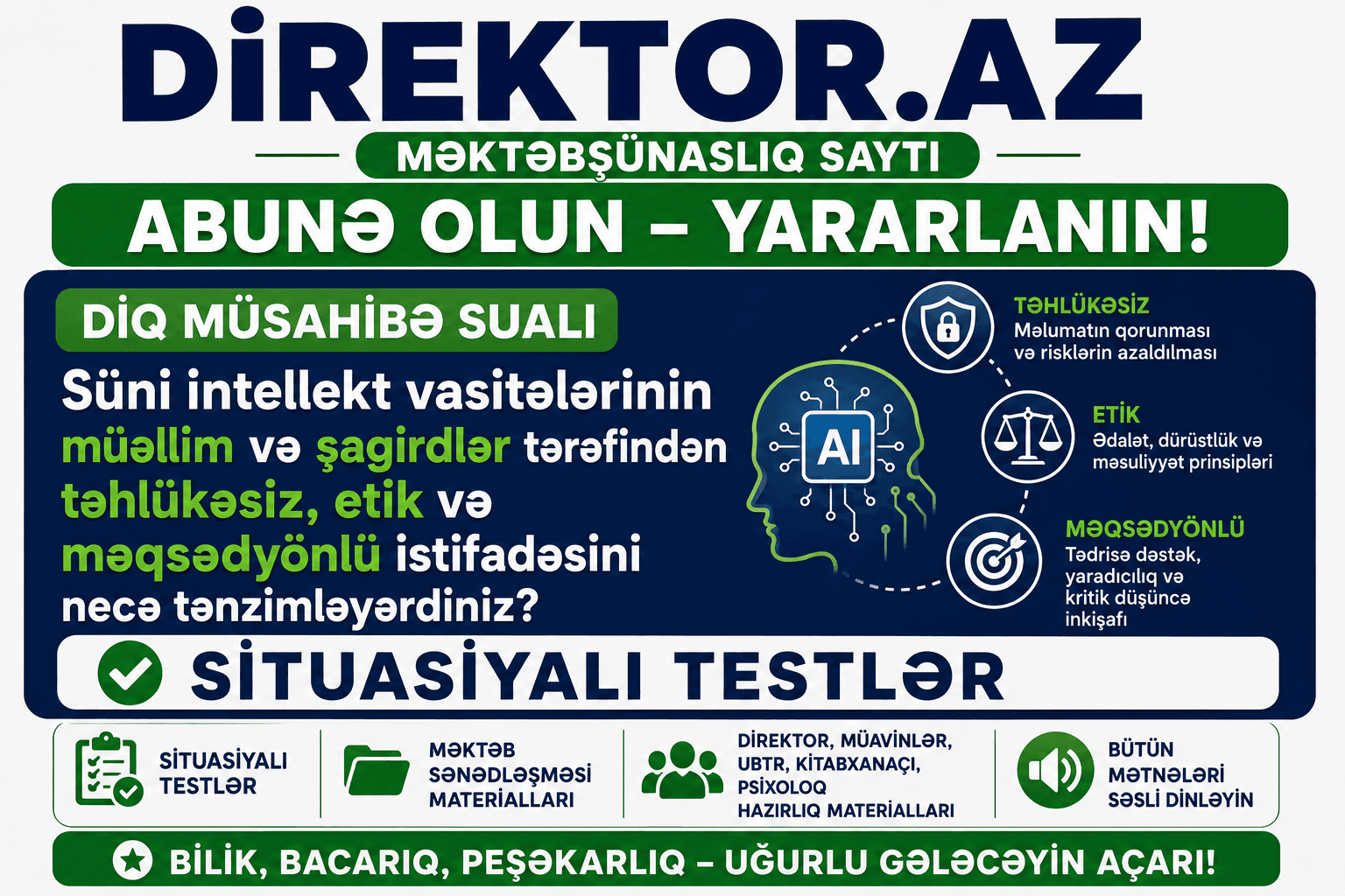 DİQ Müsahibə sualı - Süni intellekt vasitələrinin müəllim və şagirdlər tərəfindən təhlükəsiz, etik və məqsədyönlü istifadəsini necə tənzimləyərdiniz? Situasiyalı testlər