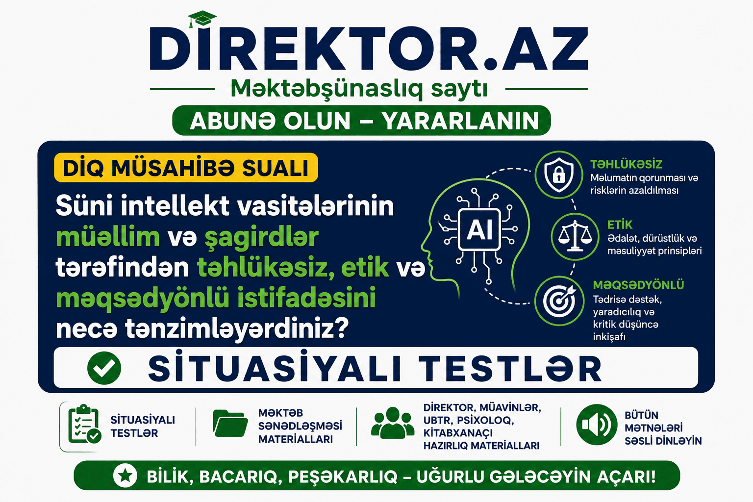 DİQ Müsahibə sualı - Süni intellekt vasitələrinin müəllim və şagirdlər tərəfindən təhlükəsiz, etik və məqsədyönlü istifadəsini necə tənzimləyərdiniz? Situasiyalı testlər