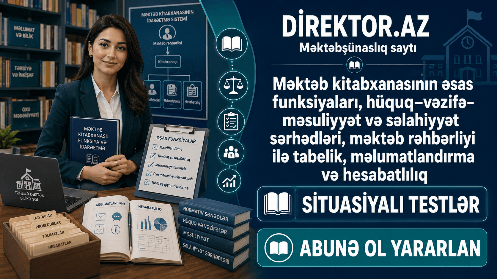 Məktəb kitabxanasının əsas funksiyaları, hüquq–vəzifə–məsuliyyət və səlahiyyət sərhədləri, məktəb rəhbərliyi ilə tabelik, məlumatlandırma və hesabatlılıq. Situasiyalı testlər.